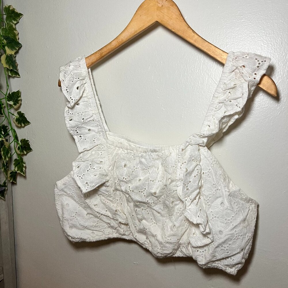 For All Mankind White Eyelet Ruffle Crop Top Large